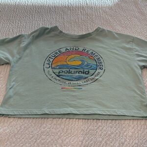 Polaroid Girls Vintage Light Green Graphic Crop Tee with Sunset Wave